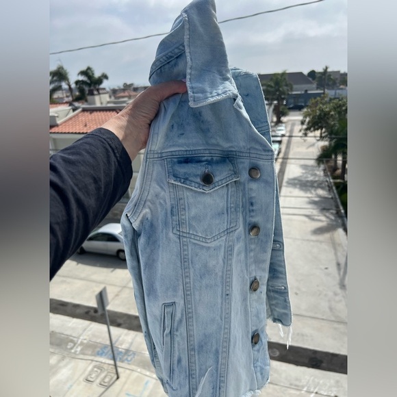 FRAME acid wash distressed in Cloud blue jean jacket sz L tie-dye festival - Picture 4 of 13